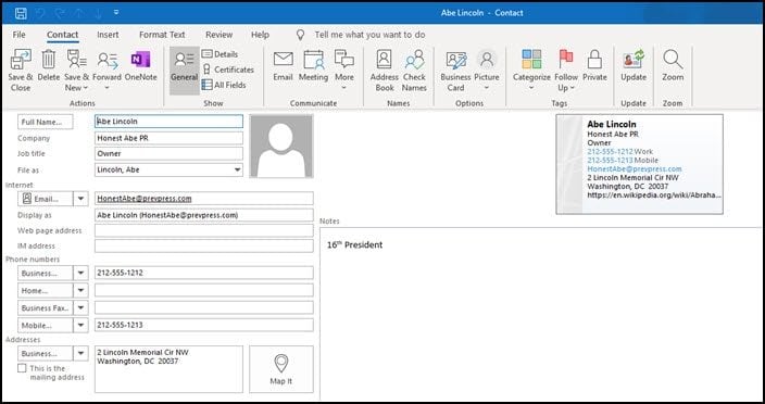 vCard for Abe Lincoln convert to Outlook contact.
