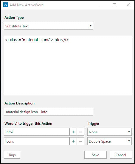 Add New ActiveWord dialog box with substitute text.