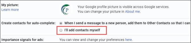 Gmail setting to change auto-complete options.