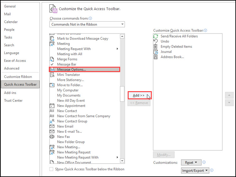 Microsoft Outlook Quick Access Toolbar