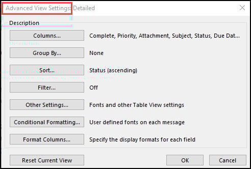 Advanced View Settings dialog