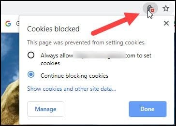 Cookies blocked popup and toolbar icon.