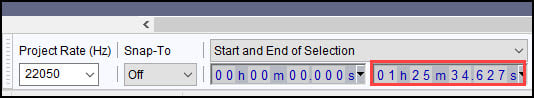 Audacity indicator of time amount of 1h25m.