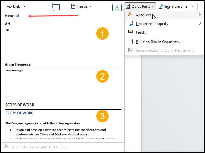 Quick Parts drop-down menu with AutoText selected.