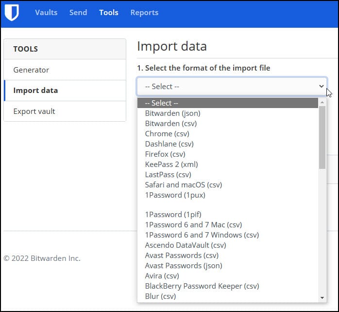 Bitwarden import options.