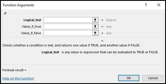 Blank Function Arguments dialog for IF function.