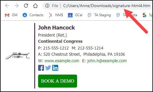 Outlook HTML signature pulled up in web bowser.