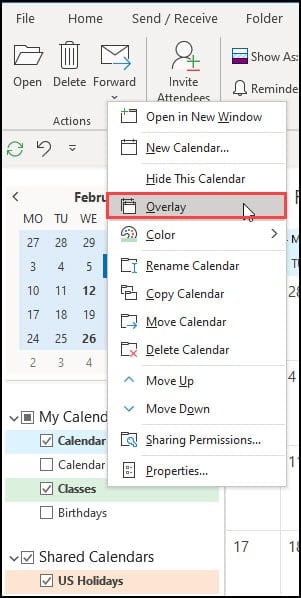 Overlay function in Outlook menu.