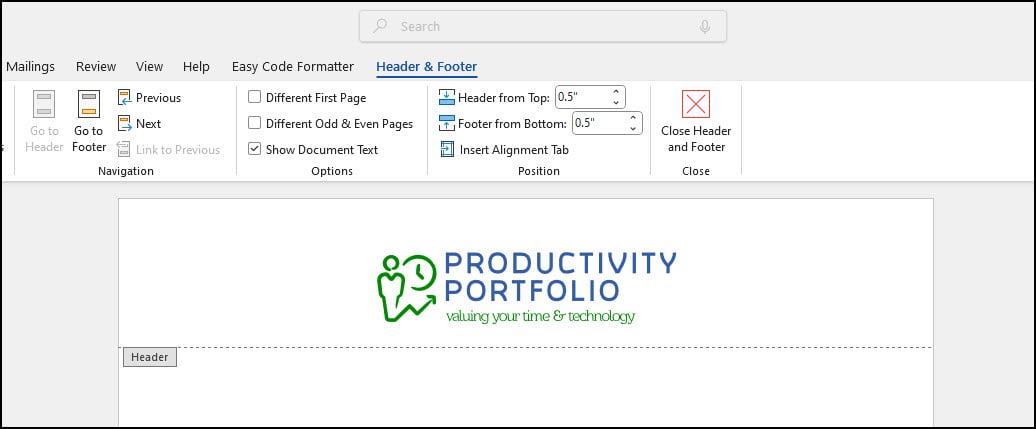 Center aligned logo in Header area.