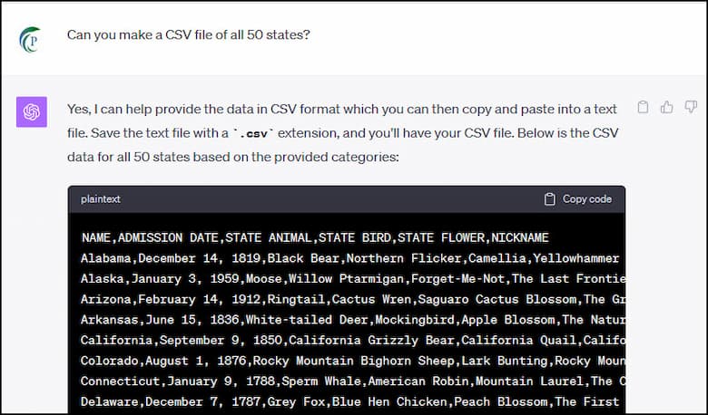 CSV output of all 50 states in ChatGPT. 