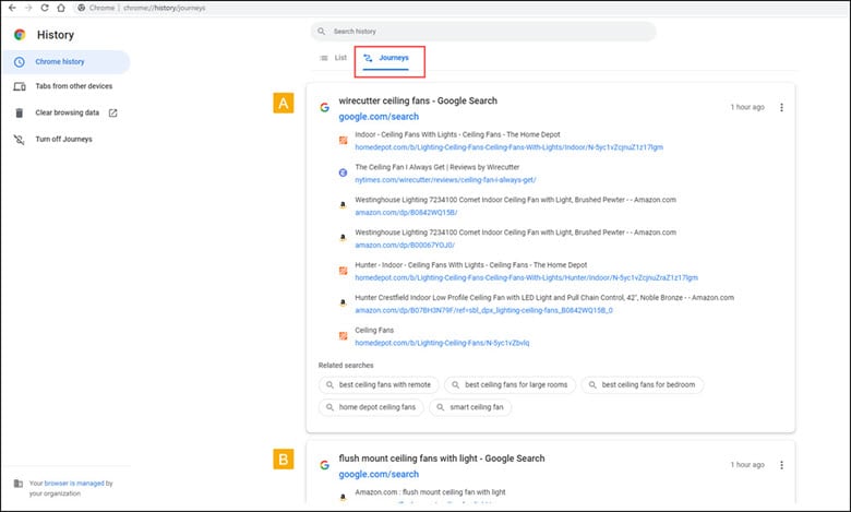 Chrome web journeys history list.