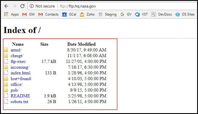 NASA listing of folders and files