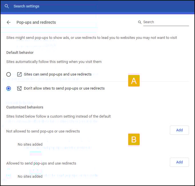 Chrome Pop-Ups and redirects panel.