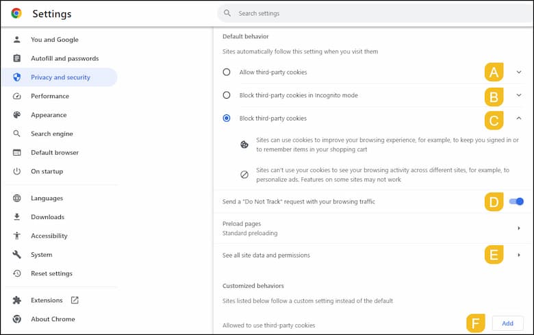 Chrome privacy and cookie settings.