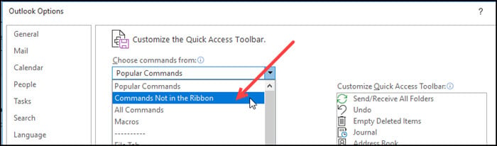 Outlook Options dial with Commands Not in Ribbon highlighted.