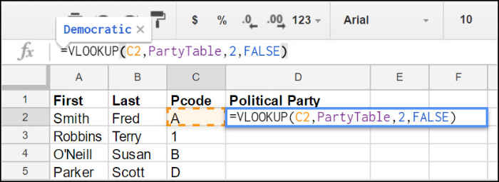Completed Google Sheets VLOOKUP formula.