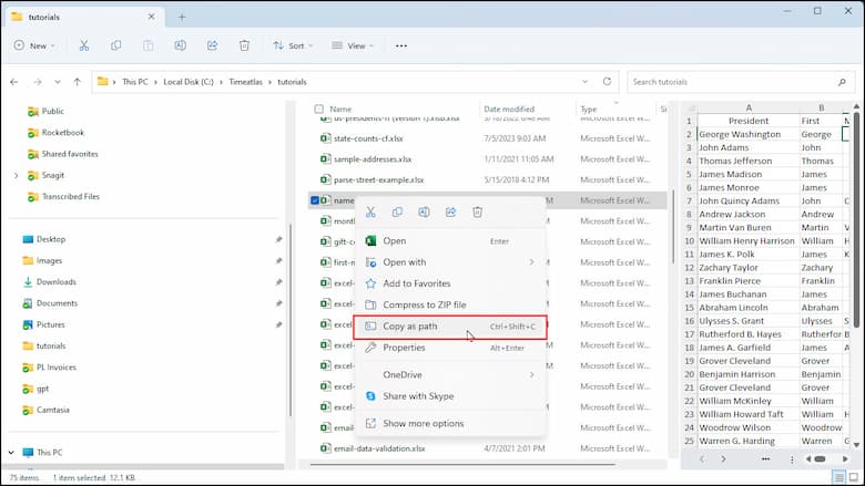 Copy File Path menu option Windows 11.