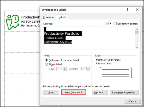 Envelopes and Labels dialog with address, but no image.