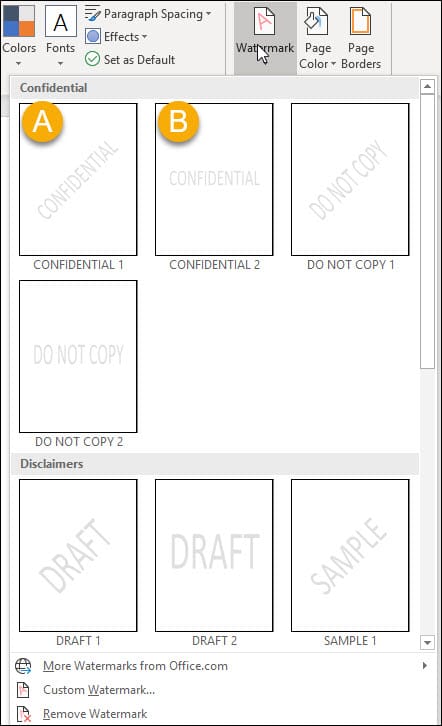 Word watermark drop-down panel and options.