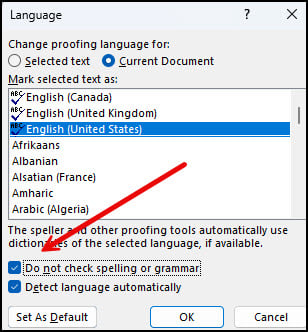 Language dialog with spell check tuned off.