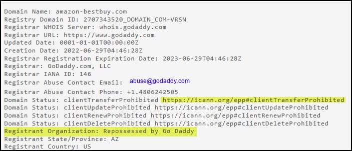 Domain Tools WHOIS Lookup report.