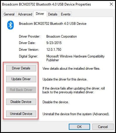 Driver tab for Bluetooth driver and update options.