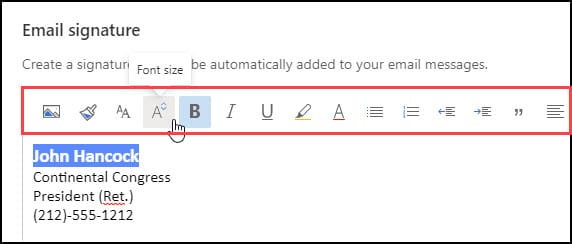 Email signature toolbar menu.