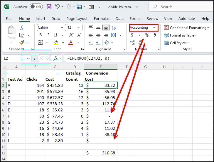 Excel formula error displays as a dash.