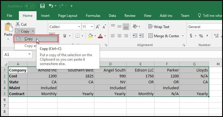 Copy existing Excel data range.