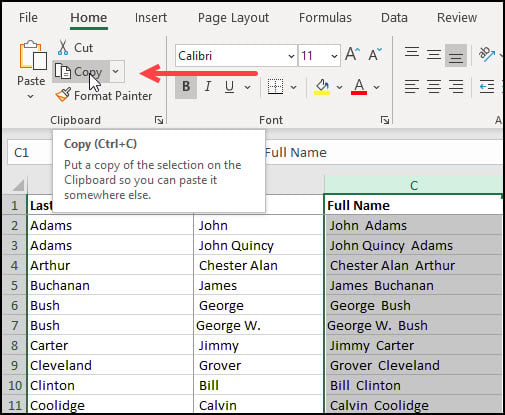 Column C highlighted for copying.