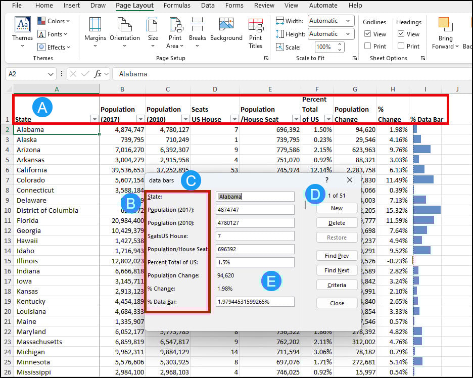 Excel Data Form with labeled sections.