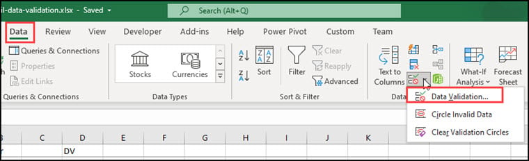 Selecting Data Validation... from drop-down menu.