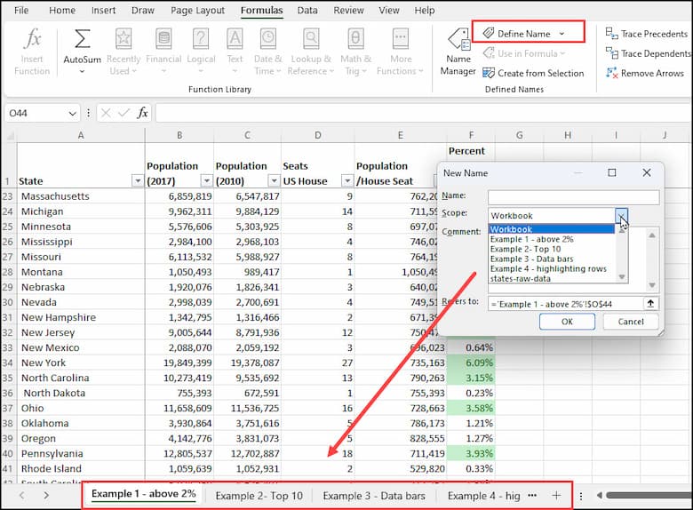 New Name dialog box with Scope showing multiple sheets.