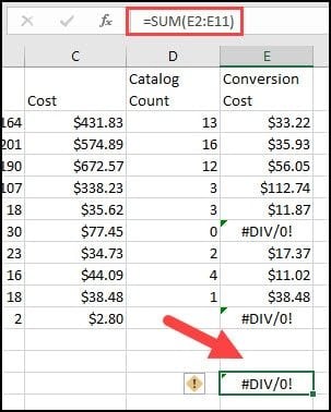 Example of #DIV/0! error in Excel range.