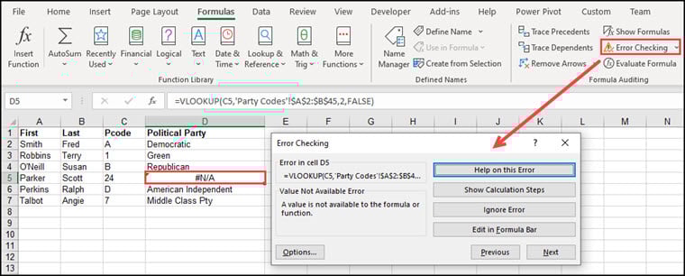 Error Checking dialog showing Not Available error.