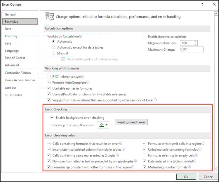 Excel Error Checking options dialog.