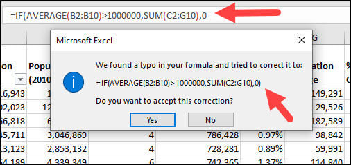 Excel popup asking to confirm correction.