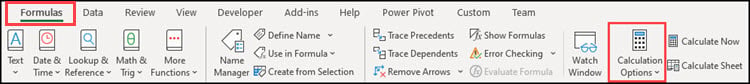 Excel Formula menu with Calculation Options highlighted.