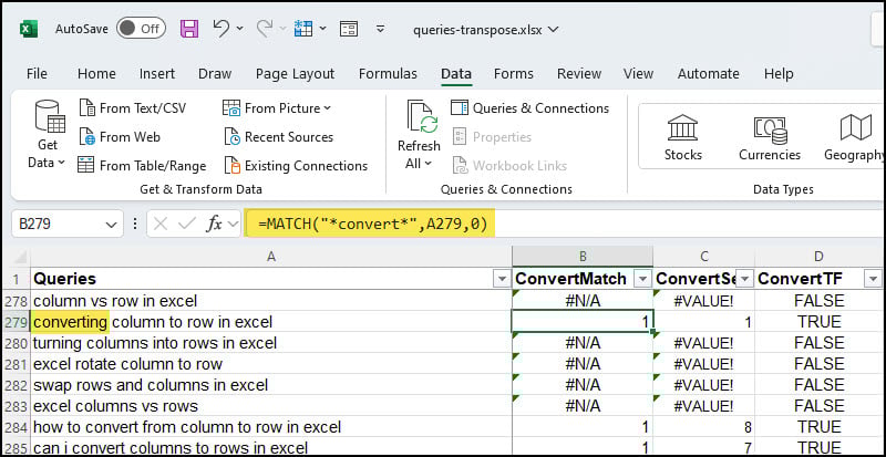 Formula example with MATCH and asterisks.