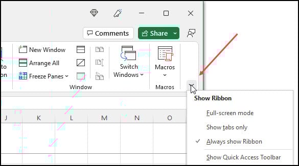 Excel ribbon control for Show Ribbon.