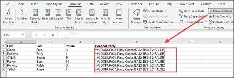 Formulas show in Column D instead of results.
