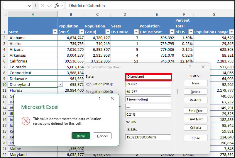 Excel validation error when trying to add entry.