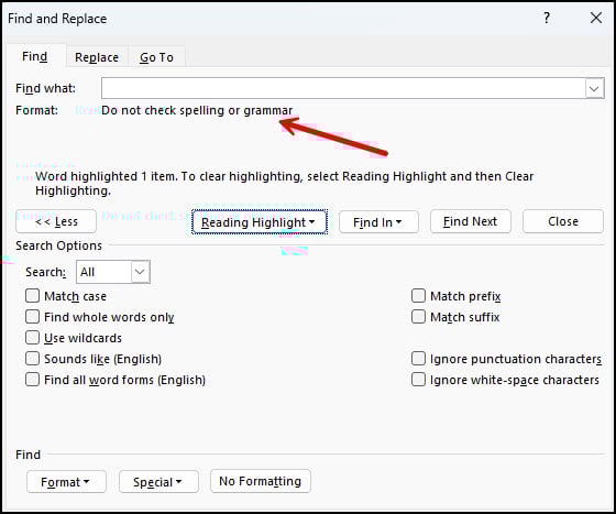 Find and Replace dialog with spell check code.