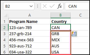 Country results and flash fill control.