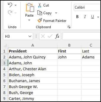 Excel list of president names.