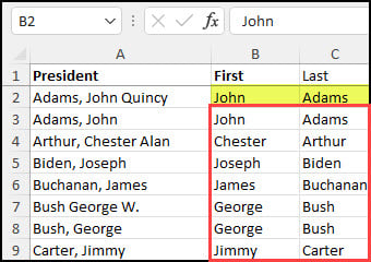 President names parsed with flash fill.