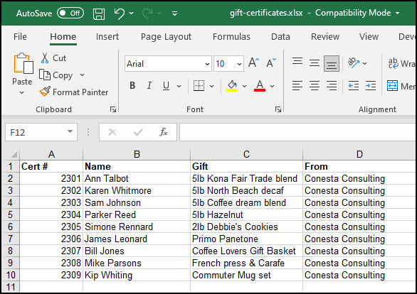 Excel source file with gift recipients.