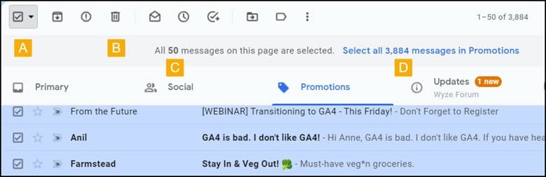 Visualizzazione di Gmail icone e opzioni
