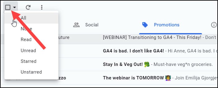 marcatura di tutte le email per la cancellazione