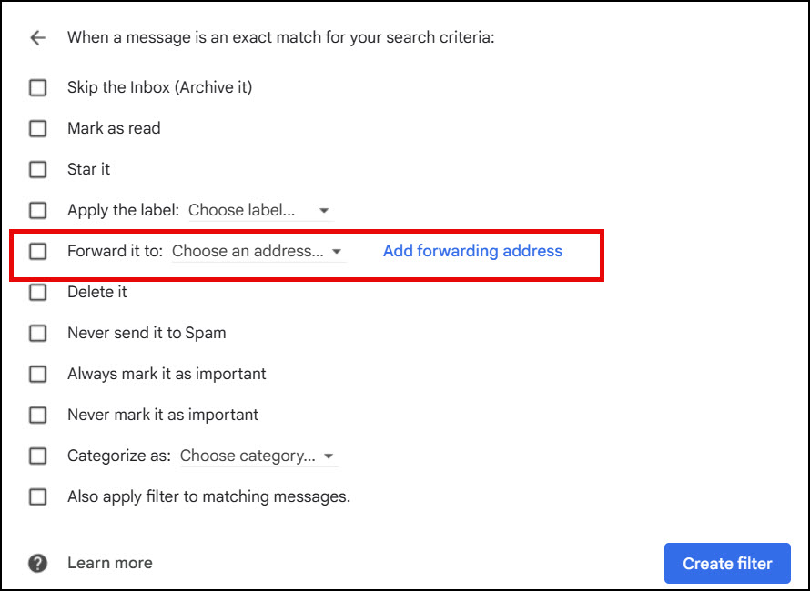Checkbox for Gmail forwarding and address.